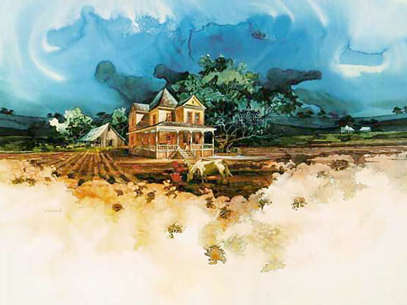 Victorian Farmhouse 1, art, house, victorian, atkinson, abstract, horses, farm, michael atkinson, painting, field, watercolor, HD wallpaper