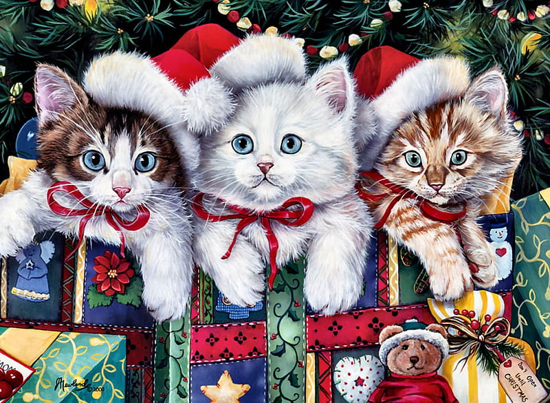 Meowy Christmas F5Cmp, Christmas, art, holiday, December, kittens, cat, pets, illustration, artwork, feline, painting, wide screen, occasion, scenery, HD wallpaper