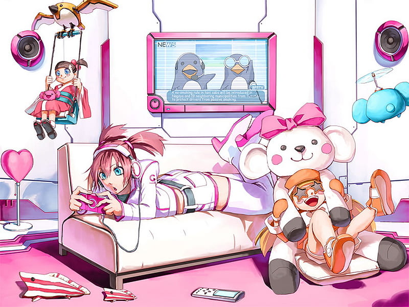 Fun Room, playing, dolls, games, cute, couch, funny, white, sofa, relaxing, pink, psp, HD wallpaper