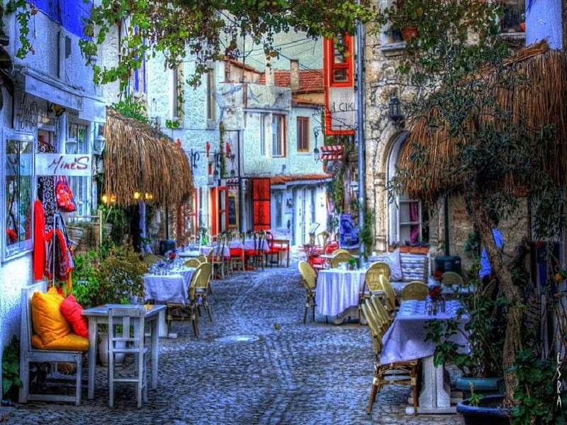 Alacati, cafe, romantic, houses, cobblestones, street, HD wallpaper