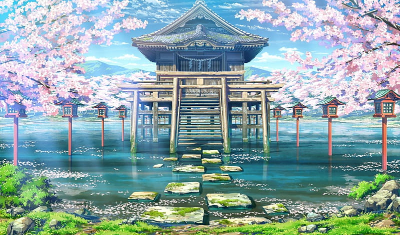 Water Shrine, pretty, house, scenic sakura blossom, plant, home, bonito, cherry blossom, sweet, nice, anime, shrine, beauty, scenery, sakura, lake, pond, building, lovey, tree, water, nature, scene, HD wallpaper