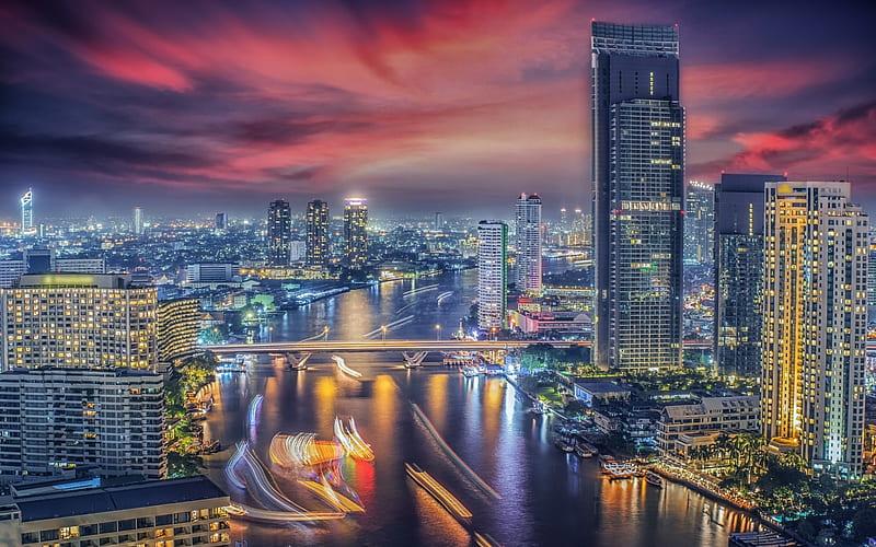 Bangkok, night, skyscrapers, city lights, r, light lines, cityscape, Thailand, HD wallpaper