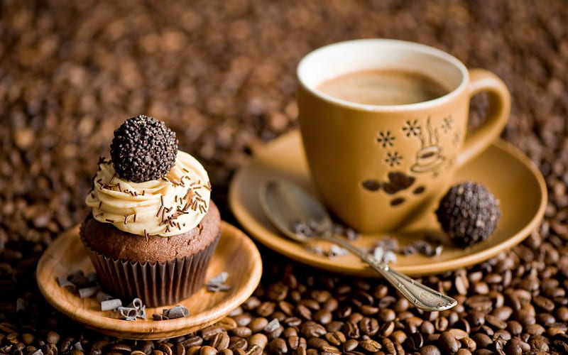 Enjoy!, brown, food, beans, chocolate, sweet, dessert, cupcake, capuccino, coffee, cup, white, cream, HD wallpaper