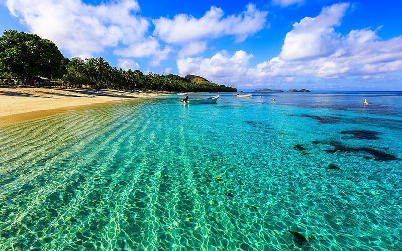 tropical island, ocean, beach, palm trees, summer vacation, boats, HD wallpaper
