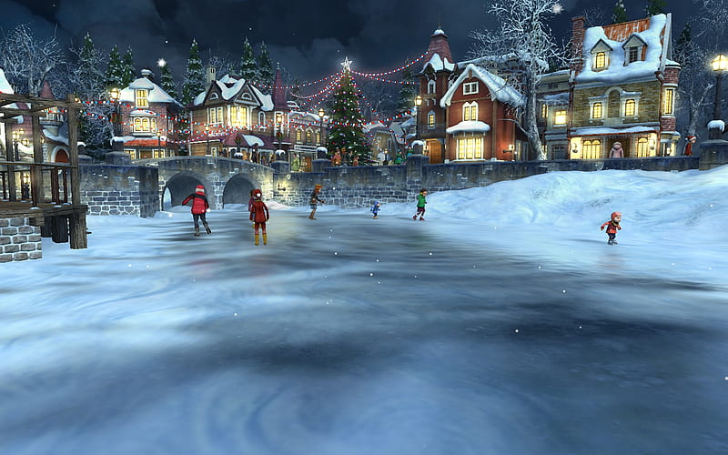 Small Town Christmas, , christmas tree, christmas, holiday, town square, 3d, snow, bridge, decorations, ice, river, skating, HD wallpaper