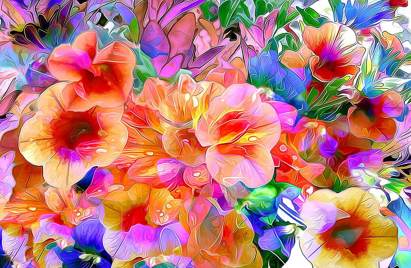 Flowers, poster, red, colorful, art, orange, green, texture, painting, flower, pink, blue, HD wallpaper