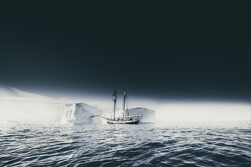 ship, iceberg, ice, fog, sea, sky, HD wallpaper