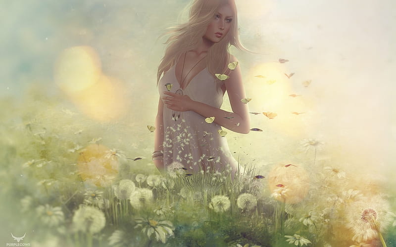 Butterflies and dandelions, yellow, blonde, woman, dandelion, fantasy ...