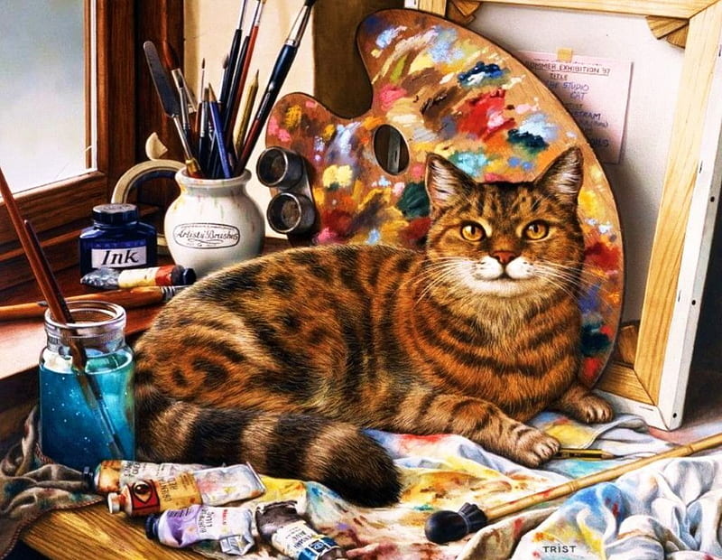 Painter's Cat, glass, colors, painter, paintbrush, HD wallpaper