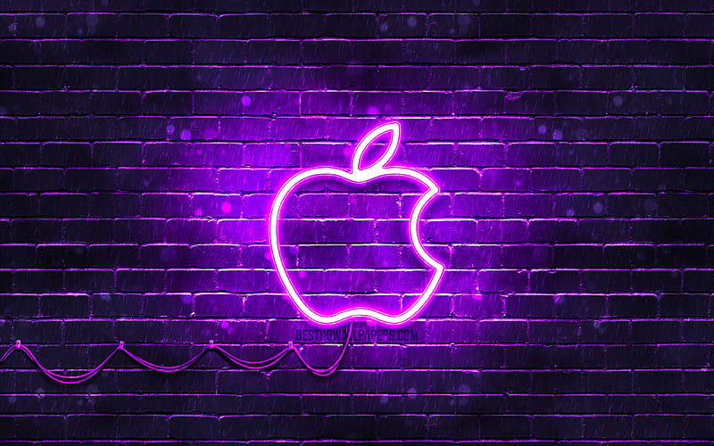 Apple violet logo violet brickwall, purple neon apple, Apple logo, brands, Apple neon logo, Apple, HD wallpaper