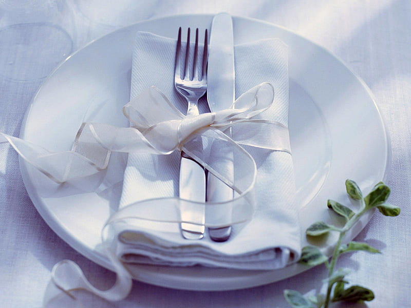 Elegant, pretty, abstract graphy, bonito, soup mix, bow, knife, plate, white, fork, HD wallpaper