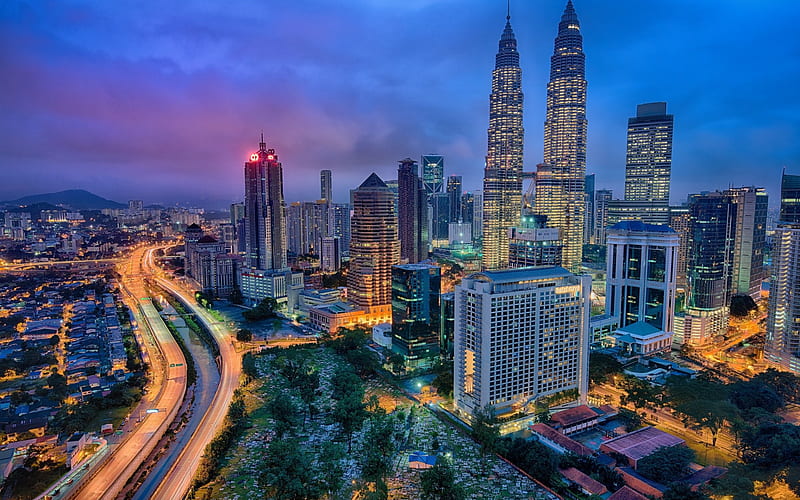 Kuala Lumpur, Petronas Towers, twin skyscrapers, city highway, morning, sunrise, modern buildings, skyscrapers, Malaysia, Kuala Lumpur cityscape, Petronas Twin Towers, HD wallpaper