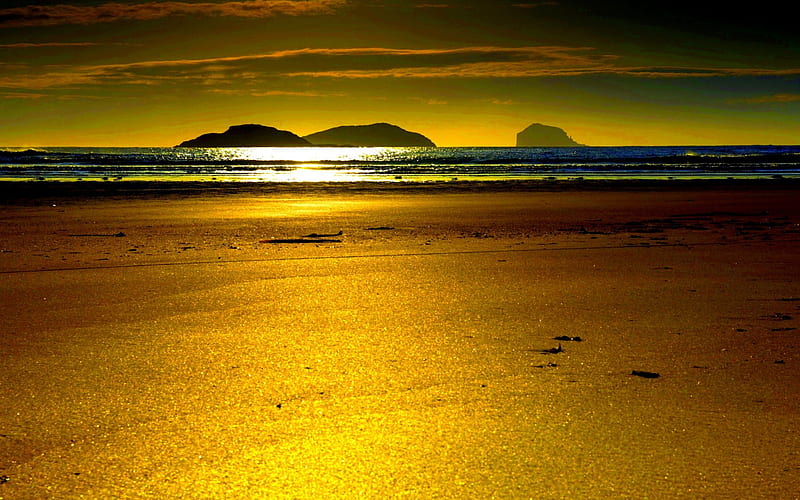 GOLDEN SANDY BEACH, beach, sand, nature, sunset, sea, landscape, HD wallpaper
