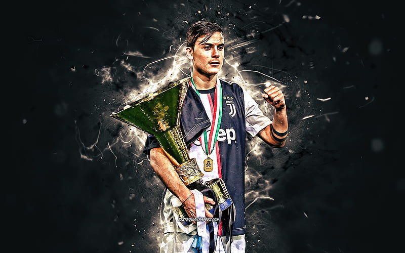 Paulo Dybala with cup, Bianconeri, 2019, new uniform Juventus FC, football stars, argentinian footballers, soccer, neon lights, Serie A, Italy, Juve, Dybala, HD wallpaper