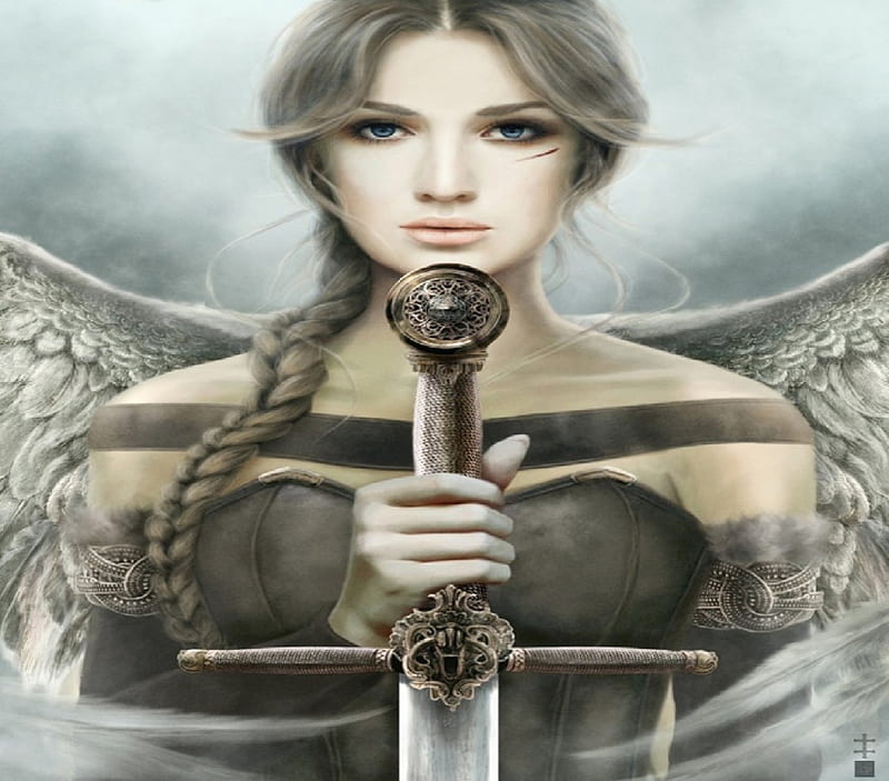 Angel Warrior, scar, female, sword, angel, HD wallpaper