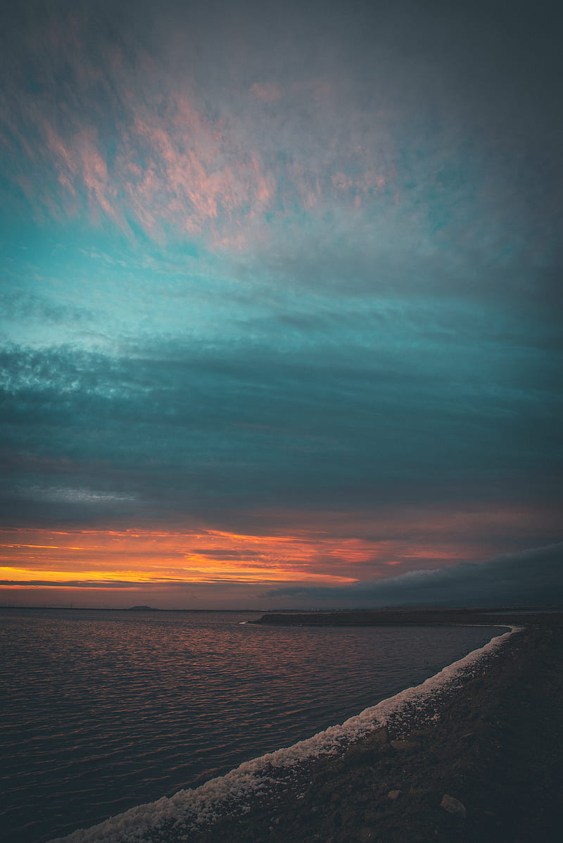 sea, sunset, horizon, coast, sky, HD phone wallpaper