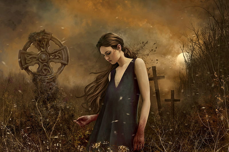 The Dying Light, goth, fall, autumn, graveyard, sunset, celtic, cross, woman, HD wallpaper