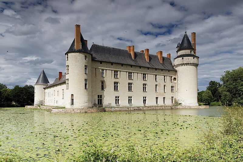 Chateau du Plessis-Bourre, France, clouds, france, castle, moat, HD wallpaper