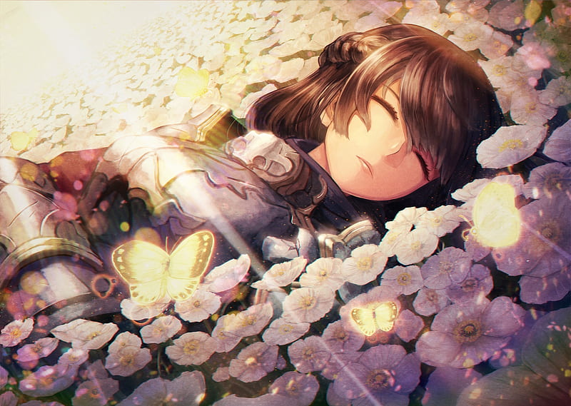 anime girl, sleeping, lying down, armor, flowers, braid, Anime, HD wallpaper