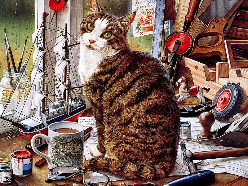 I'm mechanically inclined * Painting by Geoffrey Tristam, geoffrey tristam, cat, tea, sweet, feline, boat, painting, cup, wheel, kitten, HD wallpaper