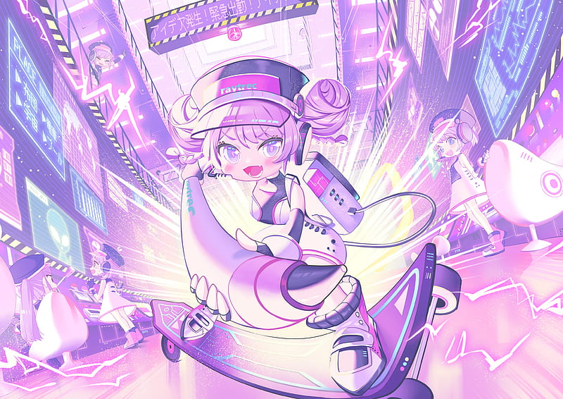 chibi, cute anime girl, purple hair, skateboard, Anime, HD wallpaper