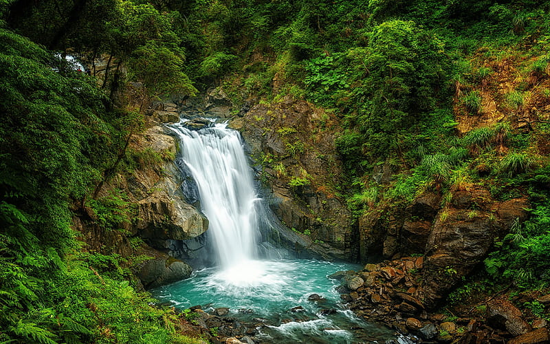 waterfall, forest, rock, blue lake, mountain river, beautiful waterfall, Taiwan, HD wallpaper