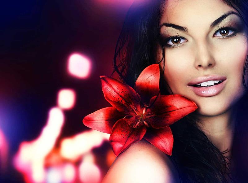 Mujer con flor, morena, modelo, flor, mujer, luces, noche, Fondo de  pantalla HD | Peakpx