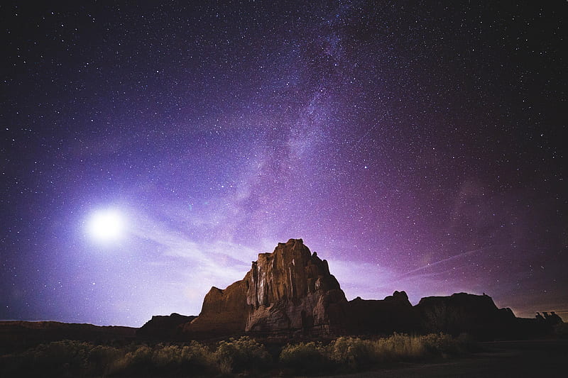 usa utah, moab, milky way, rocks, light, purple sky, stars, Space, HD wallpaper