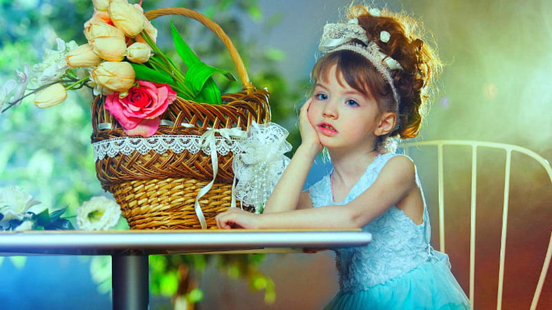 Cute Little Girl Is Sitting On Chair Holding Face With One Hand Wearing Blue Frock And Head Band Cute, HD wallpaper
