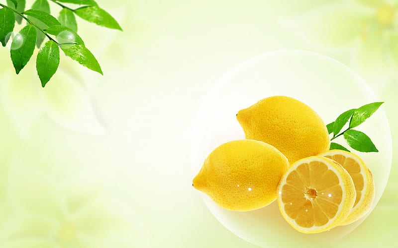 Lemon, 3d, food, fruits, slice, yellow, leaf, HD wallpaper