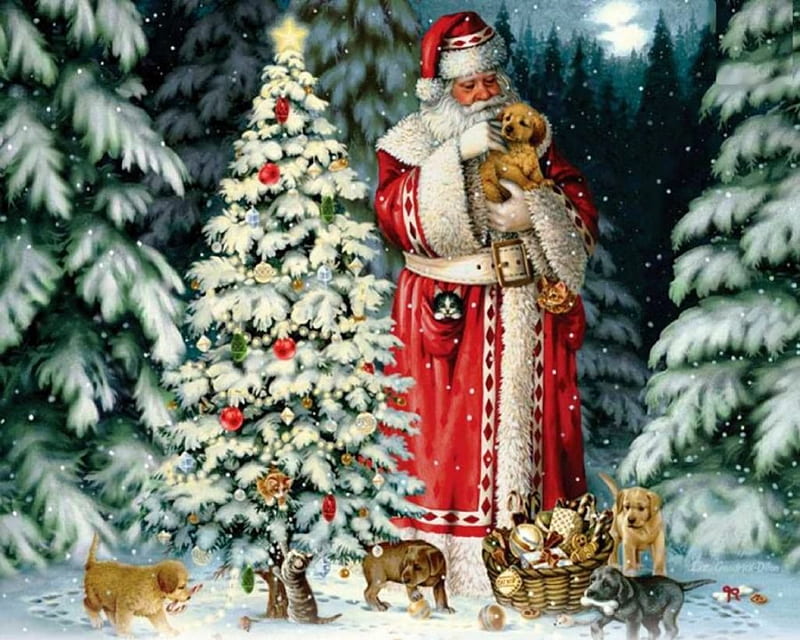 Victorian Santa, christmas, snow, decoration, basket, cubs, artwork, xmas, firs, HD wallpaper