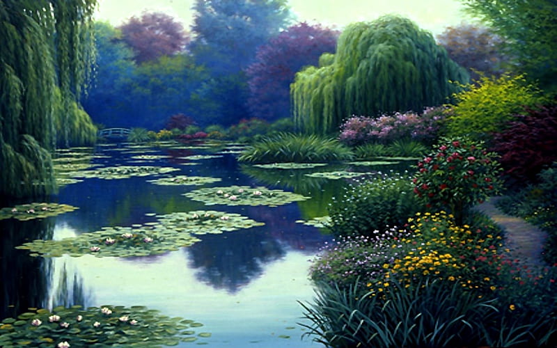 MORNING MIST, pond, forest, flowers, morning, reflection, weeping willows, mist, HD wallpaper