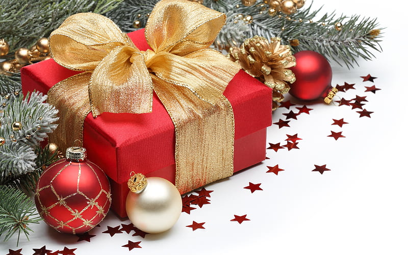 New Year, gifts, red Christmas balls, Christmas, golden silk bow, HD wallpaper