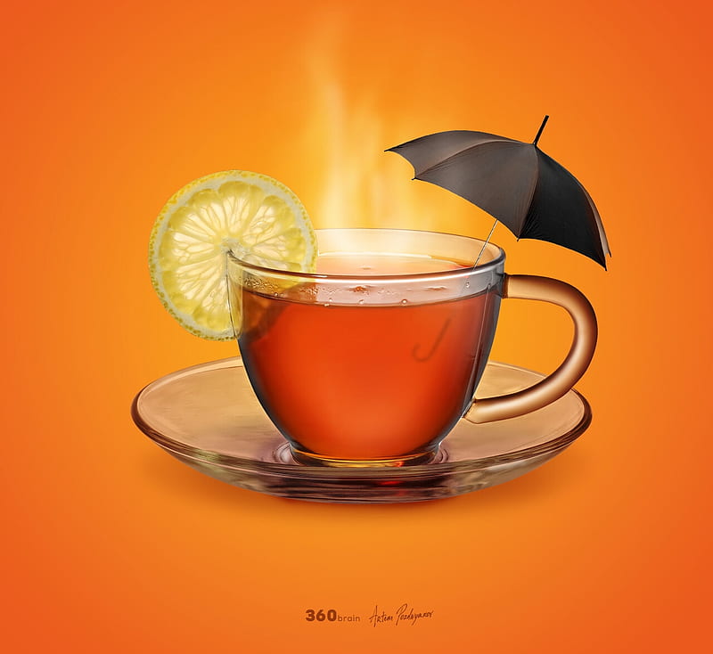 Tea umbrella, cup, umbrella, black, funny, tea, lemon, orange, creative, fantasy, artem pozdnyakov, slice, HD wallpaper