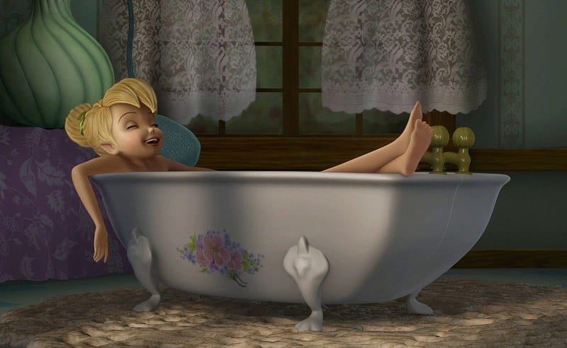 Taking a good bath, movie, tinker bell, blonde, bath, the great fairy rescue, cute, girl, anime, funny, white, disney, HD wallpaper