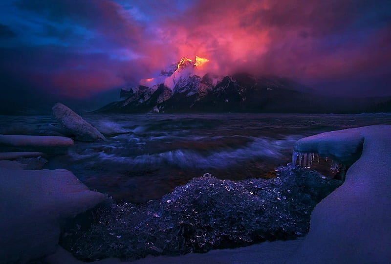 Light of the Storm, Canadian Rockies, snow, mountains, ice, sunset, clouds, sky, HD wallpaper