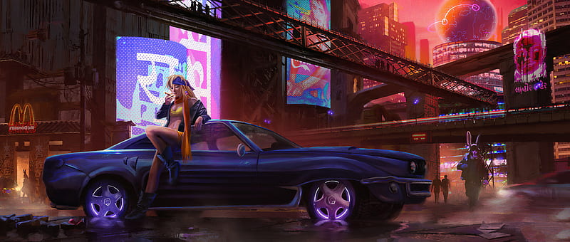 Cyber City Girl With Car, artist, artwork, artstaion, HD wallpaper