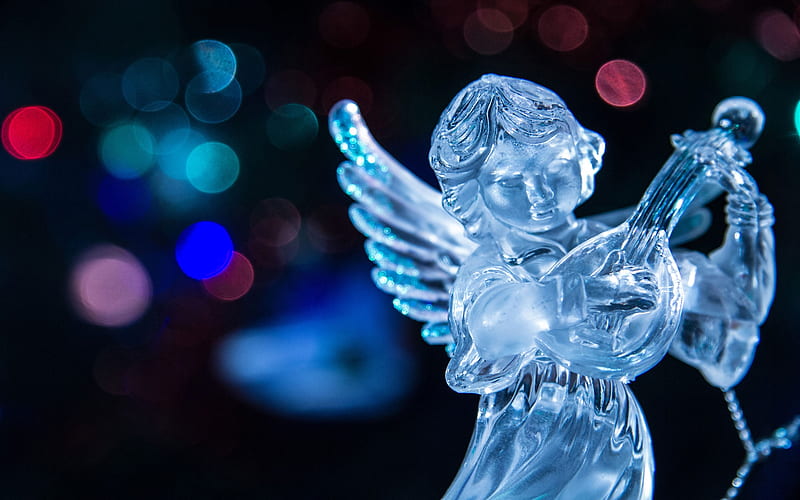 Merry Christmas!, glass, bokeh, craciun, christmas, angel, figurine, blue, HD wallpaper
