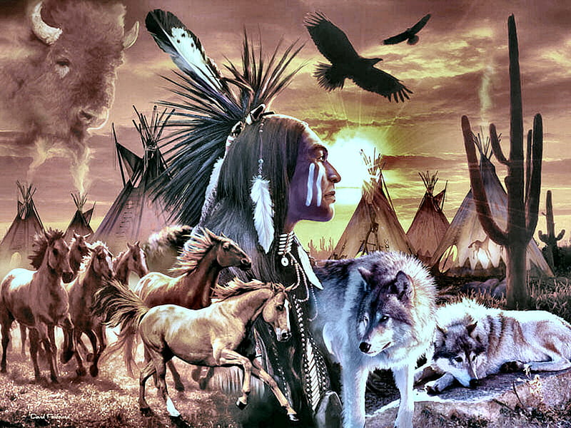 Running Brave - Native American F+Cmp, teepees, eagles, art, bison, penfound, buffalo, collage, native american, horses, david penfound, painting, portrait, wolves, HD wallpaper