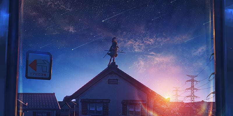Anime, Sunset, Starry Sky, Original, Shooting Star, HD wallpaper
