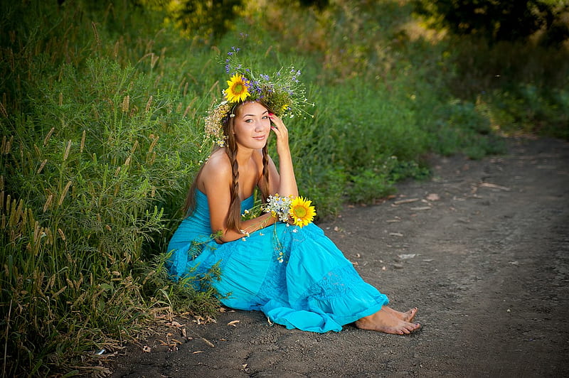 Niña girasol, encantador, vestido, niña, amarillo, sentado, girasol,  camino, Fondo de pantalla HD | Peakpx