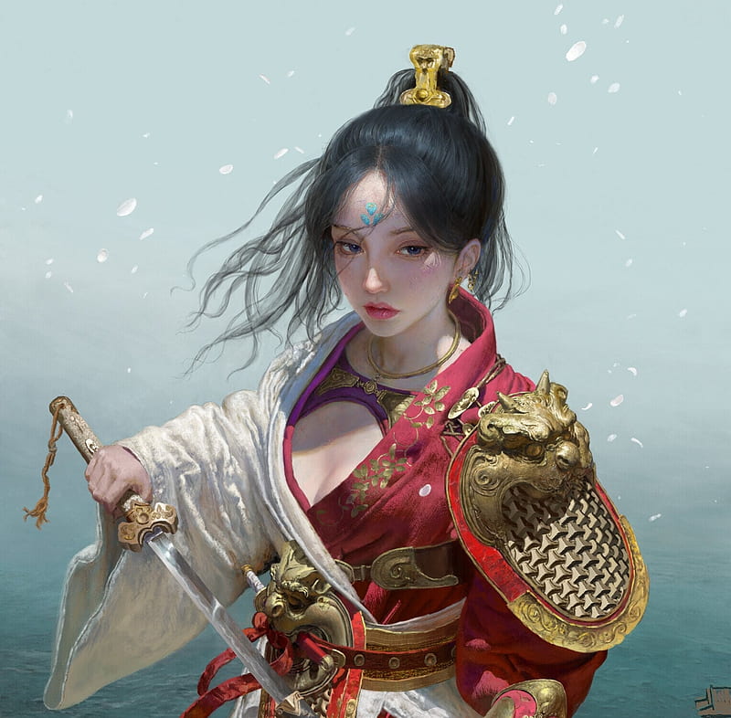 Shangguan Yansheng, view from the top, fantasy, girl, samurai, luminos, katana, swrd, ruan jia, HD wallpaper