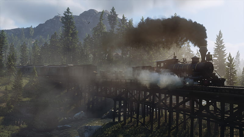 Train With Smoke In Background Of Trees And Mountain Red Dead Redemption 2, HD wallpaper