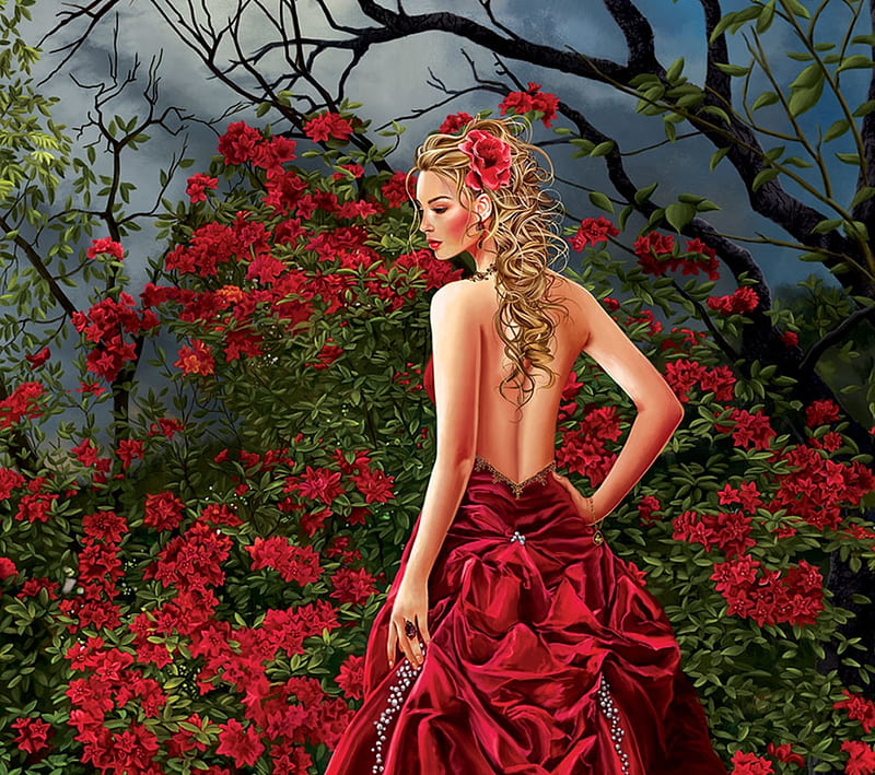 Beauty, dress, fantasy, girl, nene thomas, garden, flower, red, art, luminos, green, HD wallpaper