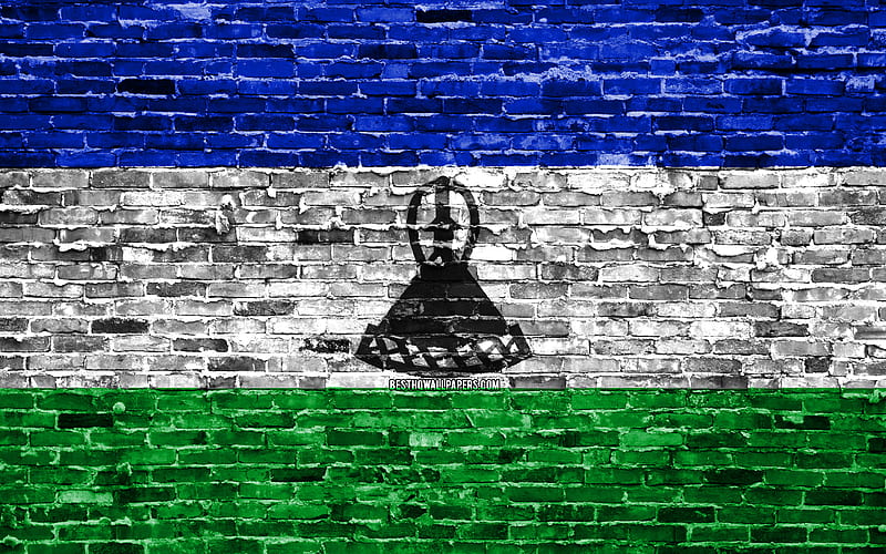 Lesotho flag, bricks texture, Africa, national symbols, Flag of Lesotho, brickwall, Lesotho 3D flag, African countries, Lesotho, HD wallpaper
