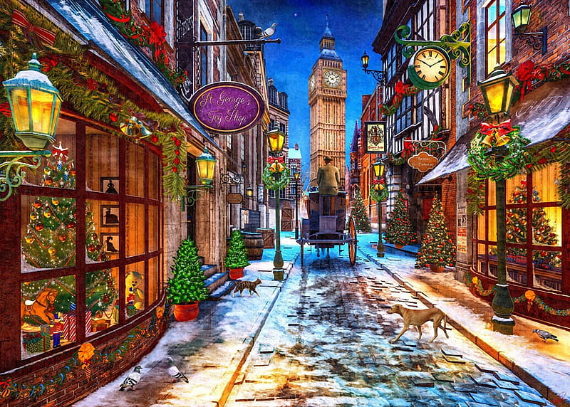A Victorian Christmas, snow, london, decoration, houses, big ben, coach, street, artwork, city, digital, HD wallpaper