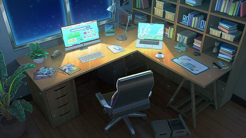Anime, Room, Book, Computer, Night, HD wallpaper