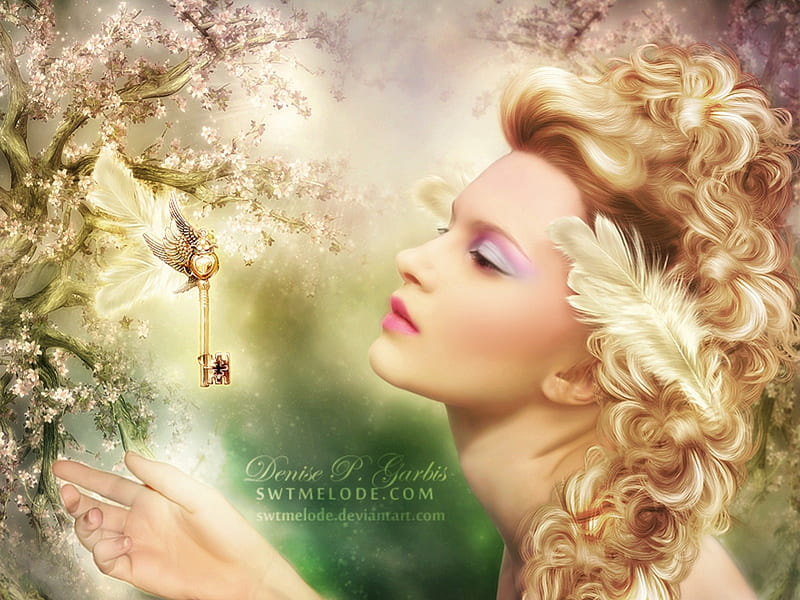 ✫The Key to Puzzle✫, pretty, glow, charm, bonito, digital art, women, sweet, sparkle, hair, fantasy, gentle, manipulation, people, feather, flowers, girls, gorgeous, animals, female, models, lovely, life, puzzle, trees, abstract, softness, key, cute, bird, plants, weird things people wear, tender touch, HD wallpaper