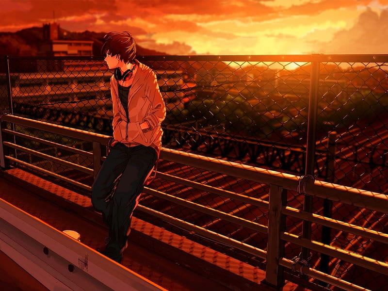 Chilling, kuronokuro, Boy, Town, Anime, Sunset, Cute, Headphones, Bridge, Original, HD wallpaper