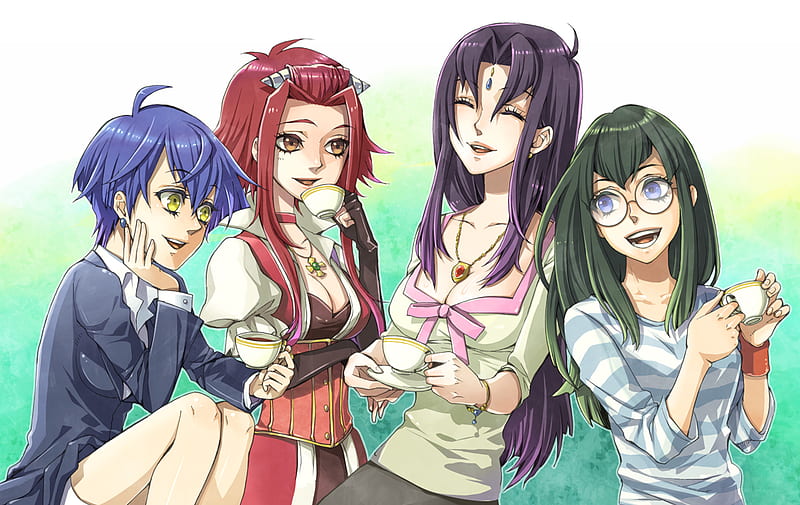 Tea Time, dark signer, game, yu gi oh 5ds, glasses, tea, anime, girls, long hair, blue eyes, friends, signer, black hair, caryl nagisa, manga, smile, red hair, yellow eyes, misty lola, izayoi aki, happy, short hair, blue hair, duelist, cup, mikage sagiri, HD wallpaper